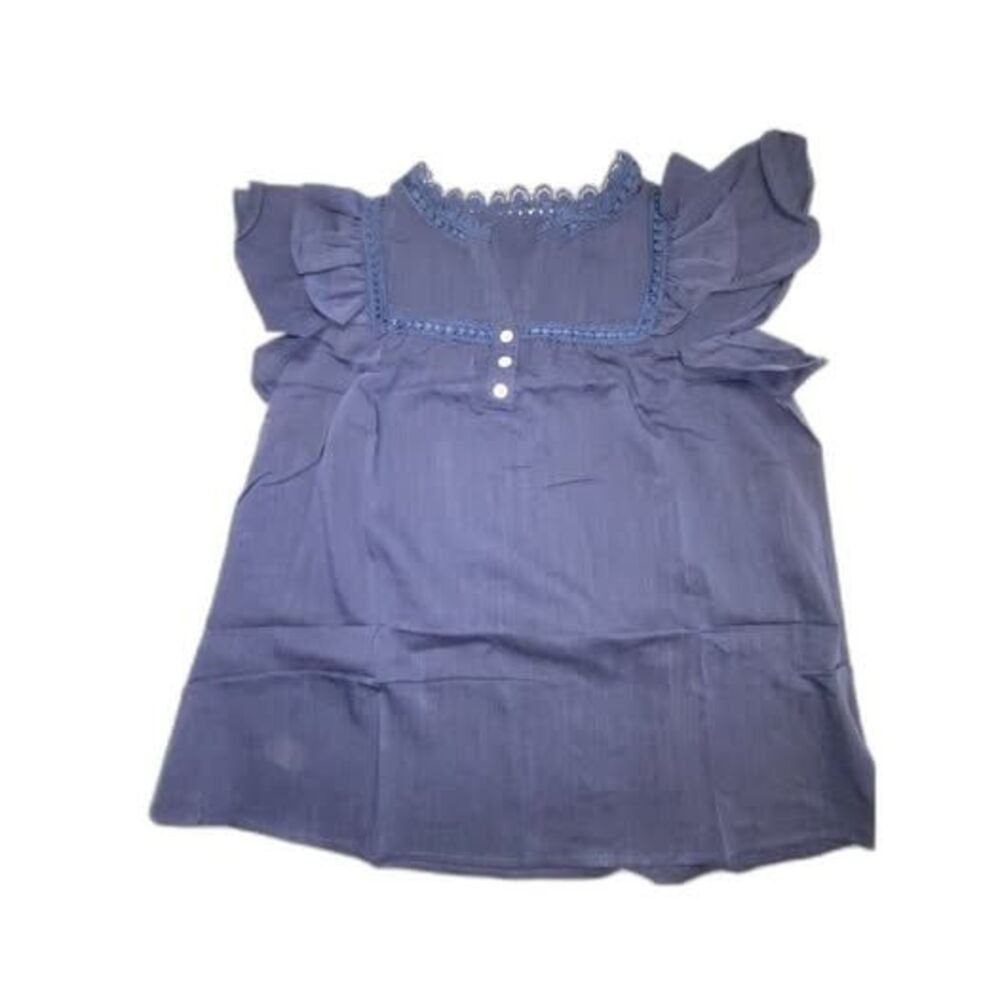 Minimalist Navy Blue Ruffled Blouse Top L